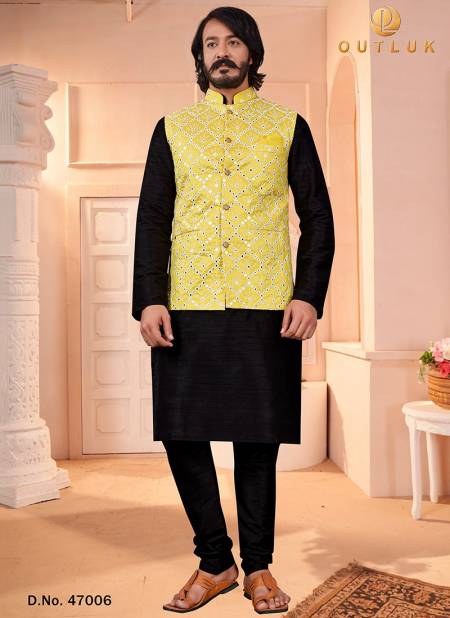 Yellow Colour New Exclusive Wear Art Silk Jacquard Print Kurta Pajama With Jacket Mens Collection 47006